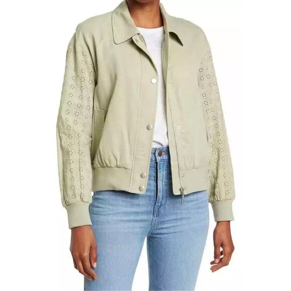 7 For All Mankind Embroidered Eyelet Sleeve Bomber Jacket Green Size Medium - Picture 1 of 13